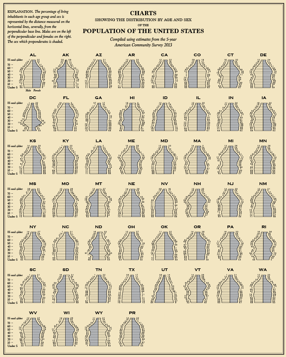 A set of 50 histograms(?) showing age distribution by sex in each state.