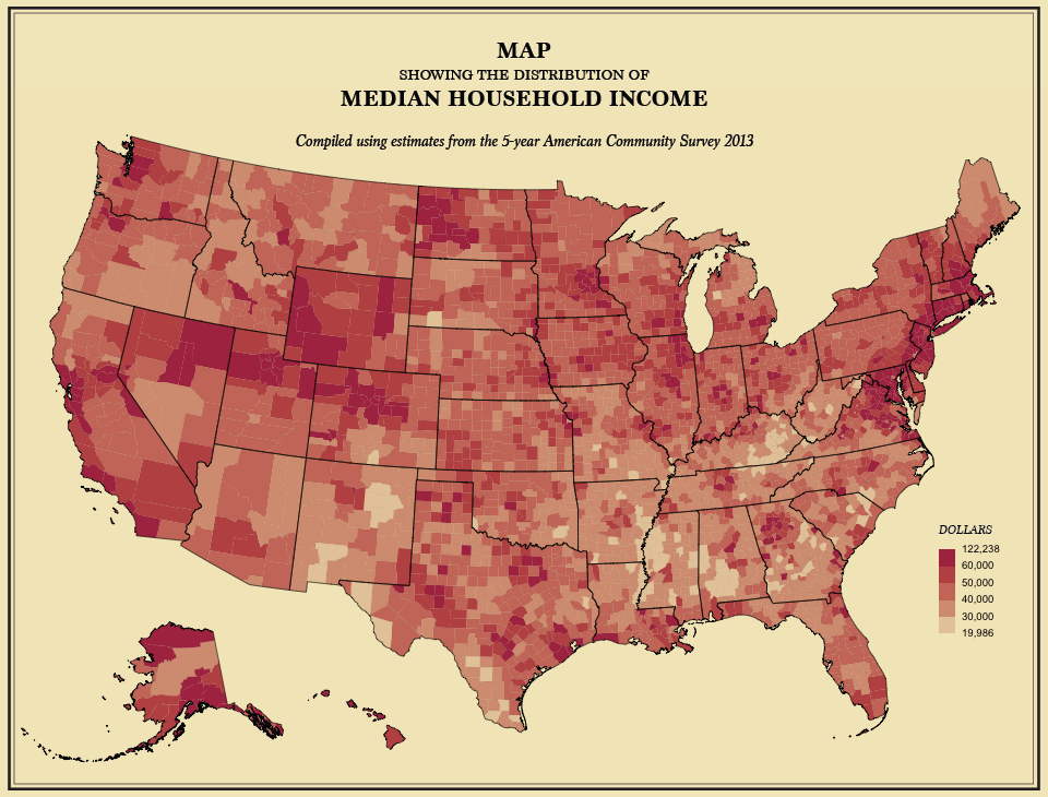 A map with counties colored to reflect the median household income, which ranges from about $20K to about $125K.